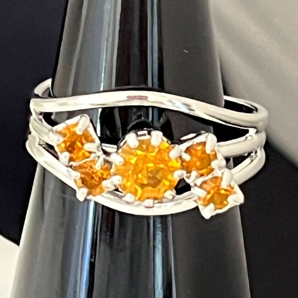 Vintage 1960s Cocktail Ring Silver Orange Rhinestones Mid Century Modern - 4K